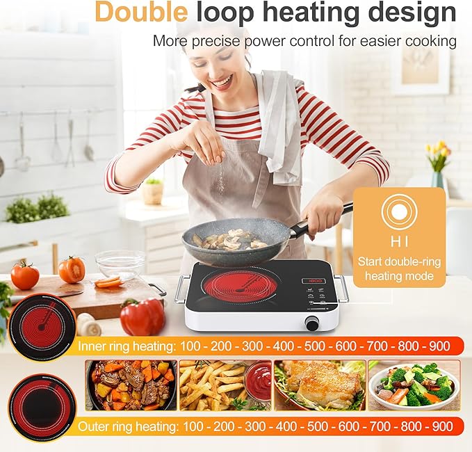 Single Burner Electric Cooktop,1800W 110V Electric Stove Top with Knob Control, Portable Cooktop with 2 Handle,single burner electric stove with Double Ring Heating, 4 hours Timer