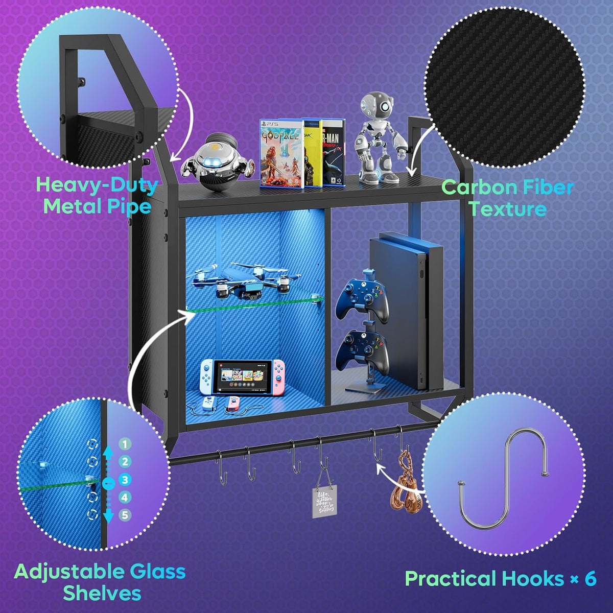 Bestier 25" LED Gaming Floating Shelves for Wall, Wall Mounted Shelf Pipe Adjustable Glass Shelves, Hanging Display Rack with 6 S-Hooks Towel Bar