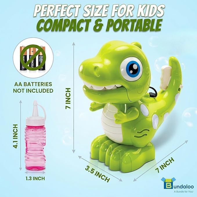 Dino Bubble Blower for Kids, Automatic Bubble Machine with Lights & Sounds, Includes 2 Bottles of Bubble Solution & Funnel, Fun Dinosaur Bubble Toy for Toddlers & Kids Ages 3+