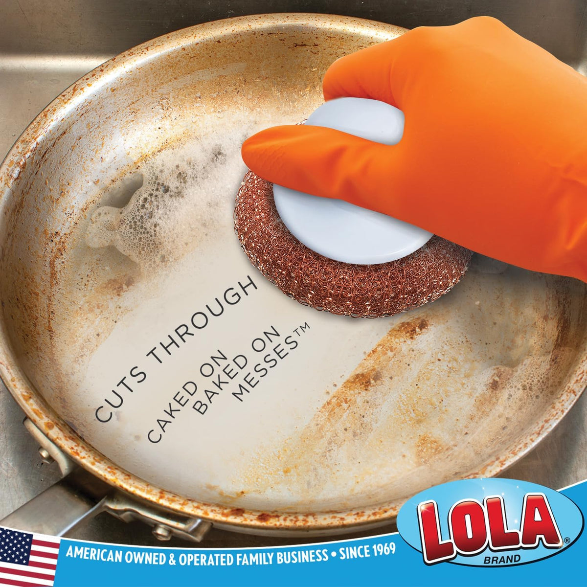 LOLA Copper Mesh Scouring Pad w/Comfort Knob, 144 Pack, Heavy Duty Cleaning Pads, Knitted Wire Mesh, Cleans Caked-On & Baked-On Messes