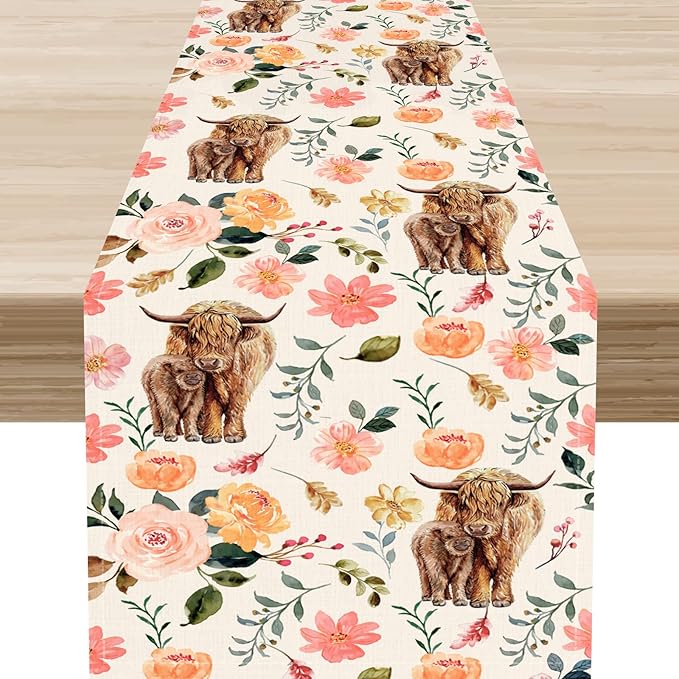 Cow Table Runner, Rustic Farmhouse Pink Floral Flower Spring Summer Yak Leaves Seasonal Coffee Table Center Decor for Home Kitchen Dining Patio Holiday Party Indoor Outdoor Table Decorations, 13"x72"