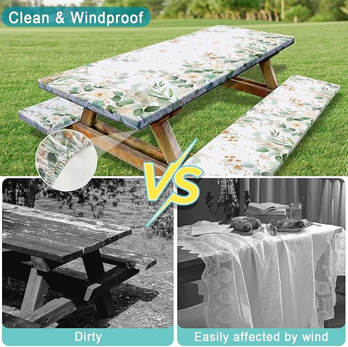 Picnic Table Cover with Bench Covers and Bag, Outdoor Waterproof Windproof Tablecloth with Elastic Edges, Camping Accessories RV Gear Campers 96x30 Inches 3 Pcs Set, Sage Green Eucalyptus Leaves