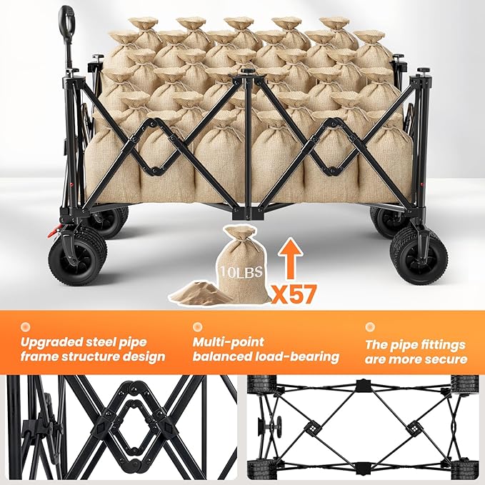 Collapsible Wagon Carts 570LBS Weight Capacity Foldable Beach Wagon with Big All-Terrain Wheels 330L Heavy Duty Utility Carts with Cup Holders for Camping, Garden, Sports, Grocery Black