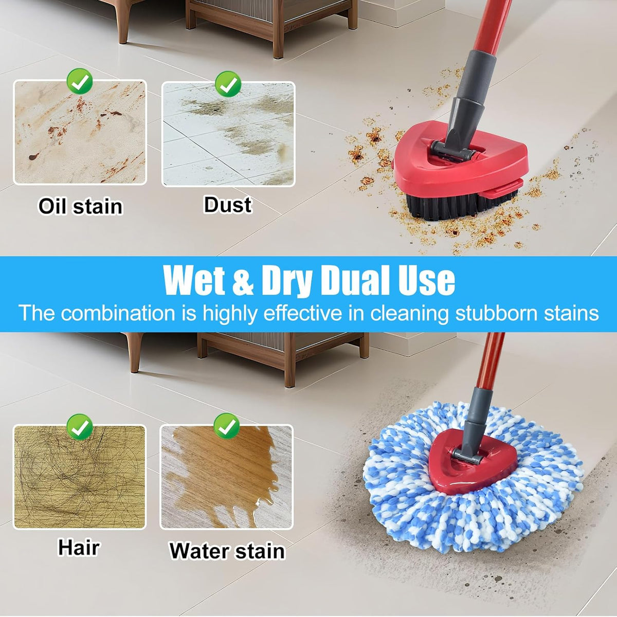 Mop Replace Head Mop Handle for O Cedar Mop, Mop Replacement for Ocedar Spin Mop Includes 2 Mop Heads Replacements 4-Section Mop Handle 1 Mop Base 1 Scrubber Mop Head for O-Cedar Spin Mop