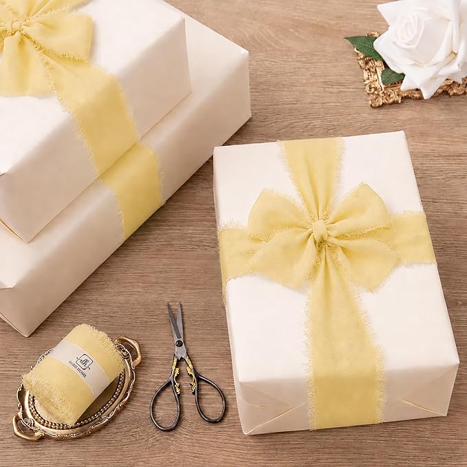 DORIS HOME Yellow Chiffon Ribbon for Flower Bouquet, 2" x21Yd Fabric Ribbon for Gift Wrapping, Handmade Frayed Ribbon for Wedding/Christmas Decorations