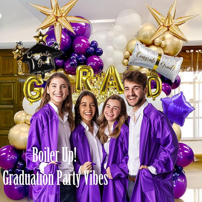 2026 Graduation Decorations Purple Gold White - 115Pcs Balloon Arch Kit with Certificate & Star Foil Balloons, Class of 2026 Graduation Party Supplies for College, High School Grad Prom Decor