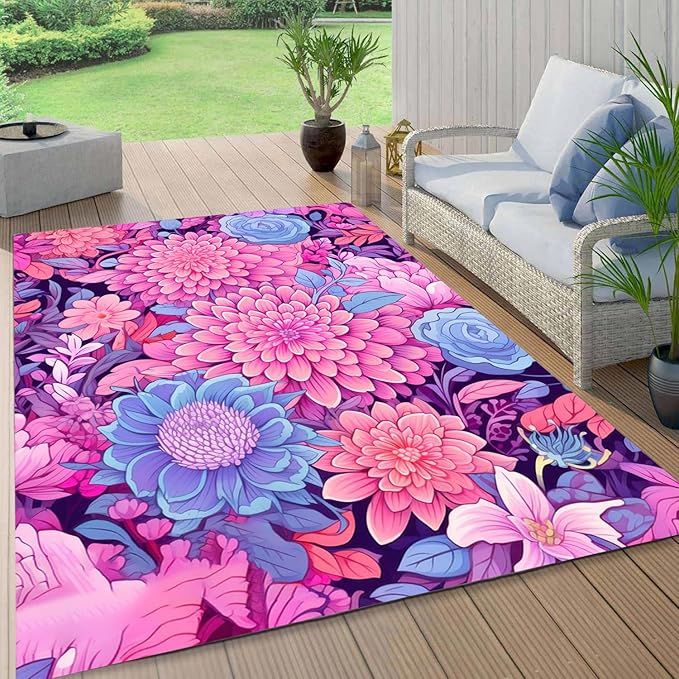 Vibrant Floral Outdoor Rug Modern Flower Texture Rugs for Patio Deck Porch Balcony Waterproof Non Slip Camping Garden Large Outside Carpet Easy Clean Machine Washable Pool Mat Pink Purple 2x3