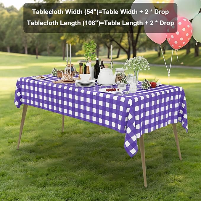 Smiry 3 Pack Purple Gingham Disposable Tablecloths - 54" x 108" Heavy Duty Plastic Table Cloth, Waterproof Buffalo Plaid Table Covers for Picnic, Banquets, Parties