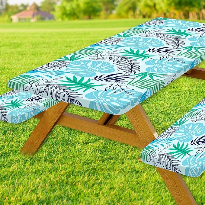 Palm Leaf Picnic Table Cover with Bench Covers, Waterproof Summer Tropical Hawaiian Green Leaves Tablecloth for Camping Indoor Outdoor Party Decorations, 30X96in