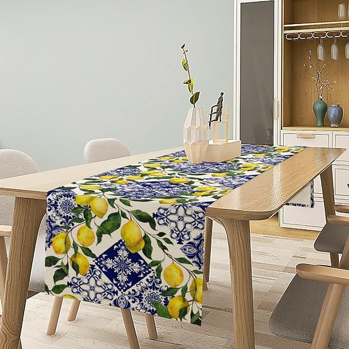 Lemon Fruit Nature Table Runner Farmhouse Talavera Ethnic Folk Rustic Watercolor Blue Dining Table Decoration for Home Holiday Party Dresser Kitchen Cabin Restaurant Wedding Decor 13×108in
