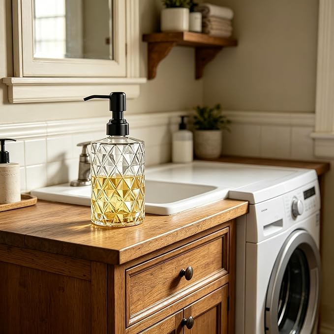 Easy Tang Glass Hand Dish Soap Dispenser Kitchen Bathroom 12 Oz Refillable Liquid Crystal Design Bottle with Black Pump (Clear)