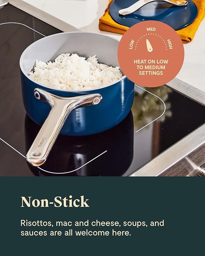 Caraway Nonstick Ceramic Sauce Pan with Lid (1.75 qt) - Non Toxic, PTFE & PFOA Free - Oven Safe & Compatible with All Stovetops (Gas, Electric & Induction) - Navy