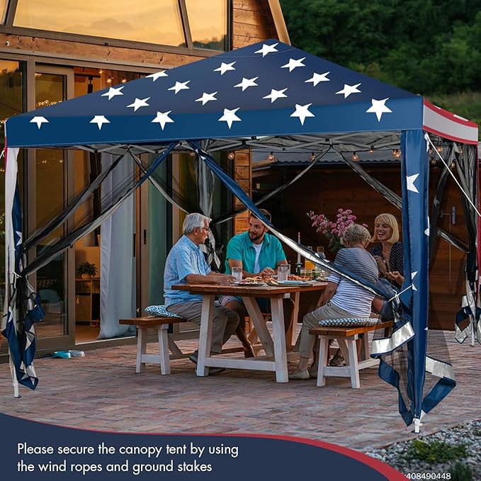 Tangkula 10x10 Ft Pop Up Canopy with Netting, Easy Up Canopy with Mesh Sidewalls, Carrying Bag, Adjustable Height, American Flag Outdoor Canopy with 100 Square Feet of Shade for Backyard, Lawn