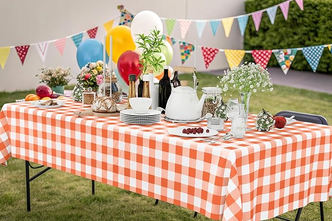 Smiry 3 Pack Orange Gingham Disposable Tablecloths - 54" x 108" Heavy Duty Plastic Table Cloth, Waterproof Buffalo Plaid Table Covers for Picnic, Banquets, Outdoor Parties