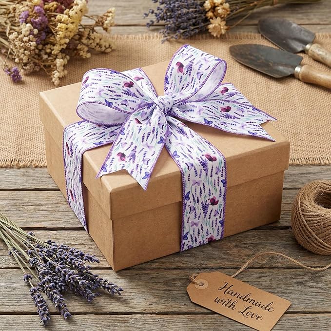 YKW 2 Rolls Purple Wired Ribbon 2.5 Inch x 5 Yards Each - Lavender Butterfly Burlap Ribbon Set for Wreaths, Spring Decor, Gift Wrapping, Bows, Crafts, Party & Wedding Decoration