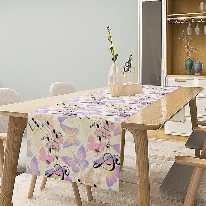Music Butterfly Table Runner, Beautiful Musical Notes Spring Butterfly Background Print Table Runner for Holiday Kitchen Dining Outdoor Home Party 13x108in