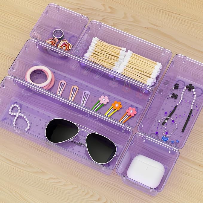 WOWBOX 6 Pack Clear Drawer Organizer Set, Acrylic Drawer Storage Trays, Storage Bins for Makeup, Cosmetics, Jewelries, Utensils, Gadgets, Office, Purple