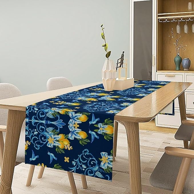 Lemon Fruit Table Runner Nature Bow Farmhouse Talavera Ethnic Folk Rustic Birds Aesthetic Dining Table Decoration for Home Holiday Party Dresser Kitchen Cabin Restaurant Wedding Decor 13×120in