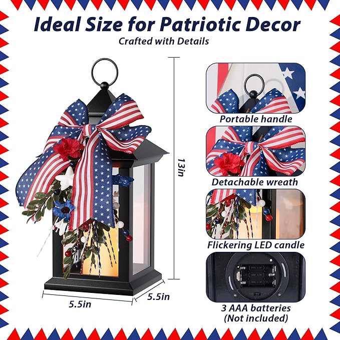 4th of July Lanterns Decorative Indoor, Black Lantern Decor with Timer Flameless Candle, Vintage Hanging Patriotic Lanterns, Independence Day Decorations for Home, Table, Porch, Patio, 1 Pack