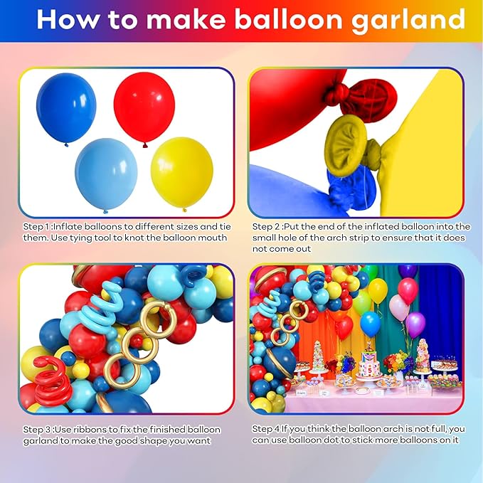 Jobkoo 127 PCS Red Blue Yellow Balloon Garland Arch Kit Cartoon Primary Color Balloons with Gold Circle for Cartoon Theme Carnival Circus Baby Shower Birthday Party Decorations