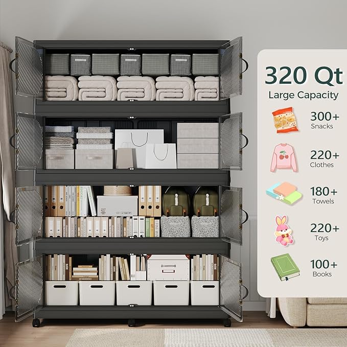 320GAL Plastic Storage Bins with Lid, 1280QT Extra Large Stackable Closet Organizers and Storage, Collapsible Storage Boxes with Wheels, Folding Cabinet for Home Kitchen Office, 4Pack Black
