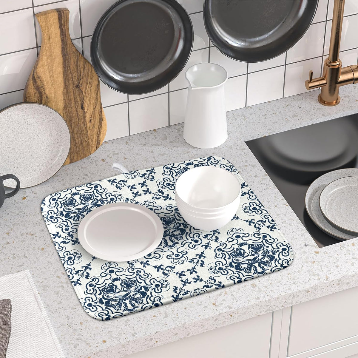 Bohemian Grey Retro Dish Drying Mat for Kitchen Counter,Boho Abstract Flower Art Drying Mat 16 x 18 Inch Microfiber Dish Drying Pad Dish Rack Pad