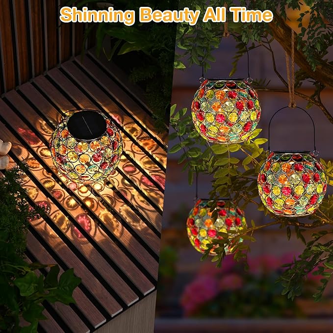 Uspring 2 Pack Crystal Mosaic Solar Lanterns Outdoor Waterproof Decorative Hanging Solar Lights for Outside, Gifts for Women Mom Grandma Garden Decor for Patio Backyard Porch Pathway Lawn Walkway, Red