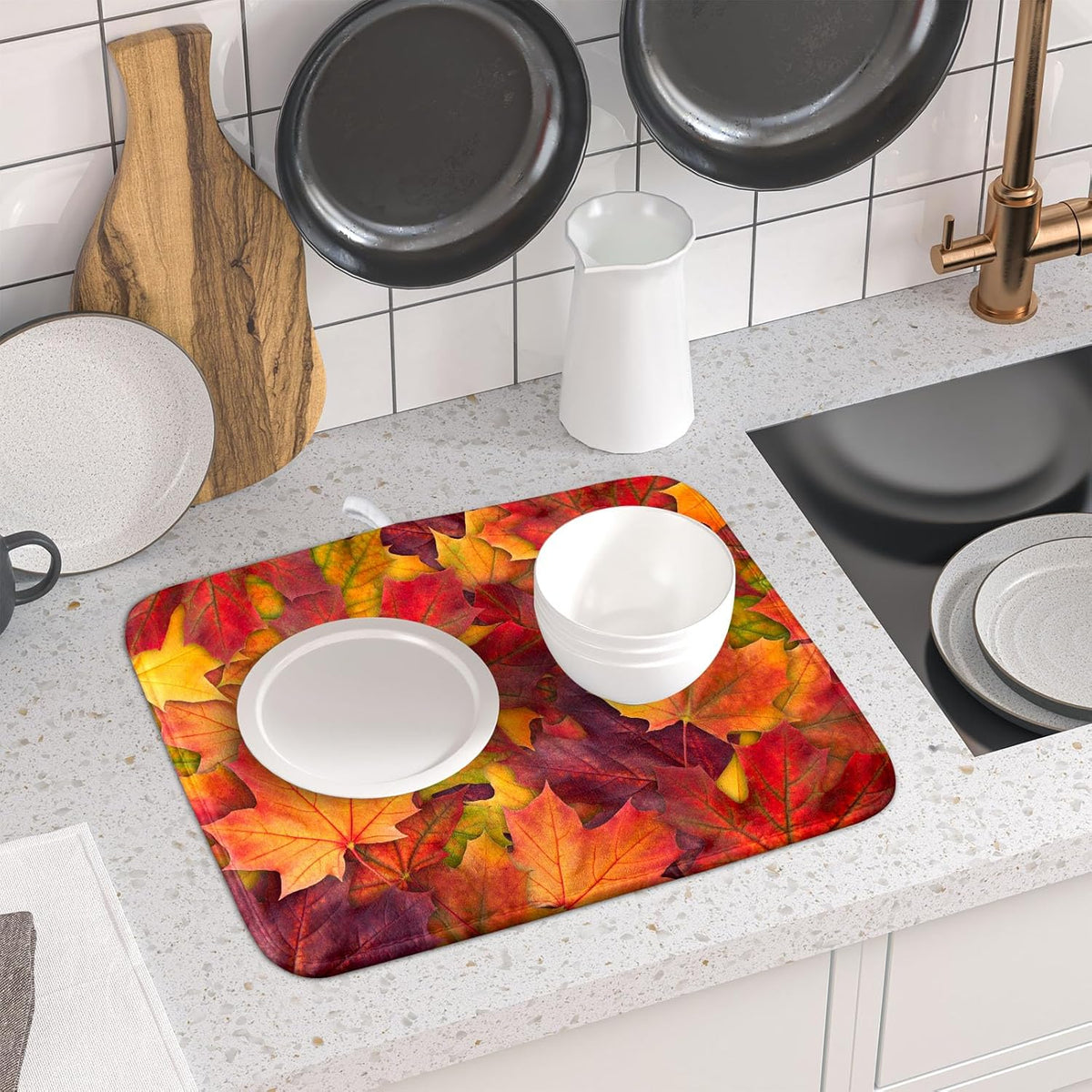 Colorful Autumn Maple Leaves Dish Drying Mat for Kitchen Counter Fall Drying Mat 16 x 18 Inch with Absorbent Reversible Microfiber Dish Drying Pad