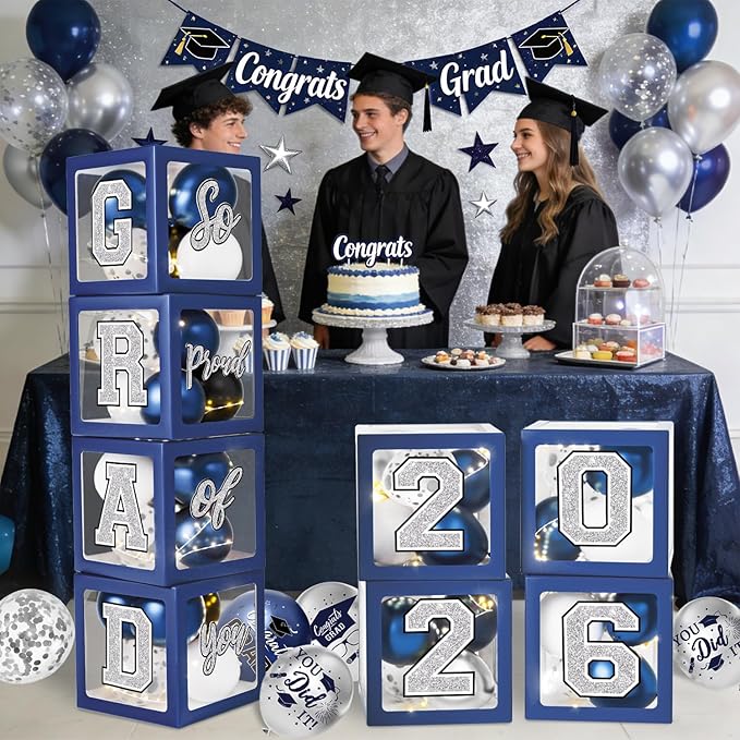 Navy Blue and Silver Graduation Decorations 2026 - Balloons Boxes with Letters 2026 GRAD So Proud of You, Congrats Grad Party Decorations for Any Grades