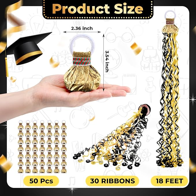 WinnerWhy 100 Pack No Mess Streamers, Gold Hand Throw Confetti Streamers, No Mess Confetti Poppers Paper Crackers Black for Celebration Graduation Birthday Wedding Party Favors
