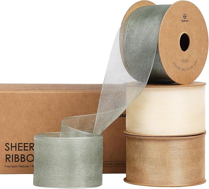 Vitalizart Organza Ribbon 1.5" x 30 Yd Cream White Rose Gold & Dusty Green Sheer Ribbons for Gift Wrapping Crafts Christmas Party Decor Bows Wedding Invitations Wreaths Bouquet