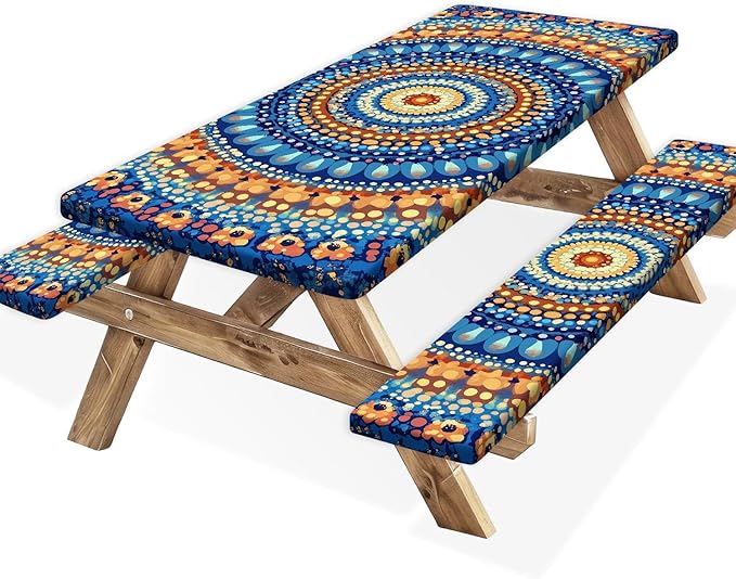 Picnic Table Cover with Bench Covers and Bag, Camping Essentials, Waterproof Windproof Camping Tablecloth, Fitted Tablecloth Cover with Elastic Edge for Indoor Outdoor 3 PCS 30x96 Inch