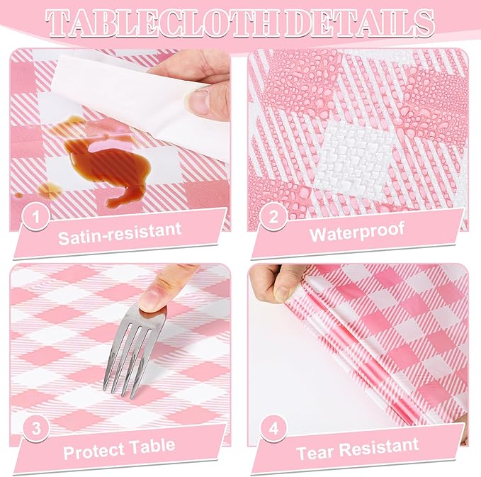 NatNarr 3 Pack Pink Gingham Tablecloths, 54 X 108Inch Scalloped Pink and White Checkered Table Cloth, Disposable Party Table Covers for Wedding Picnic Birthday Baby Bridal Shower Anniversay