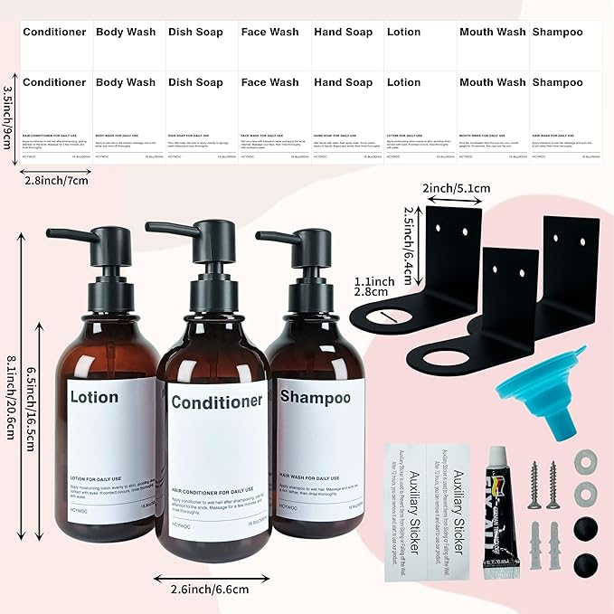 Shampoo Dispenser for Shower Wall, Shampoo and Conditioner Dispenser with 16 Waterproof Labels, Shower Dispenser 3 Chamber No Drill, Shower Soap Dispenser Wall Mounted for Bathroom, 17oz, Amber