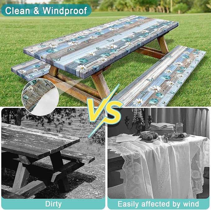 Floral Picnic Table Cover with Bench Covers, Camping Essentials, Wooden Flower Butterfly Waterproof Windproof, Fitted Tablecloth Cover with Elastic Edge, for Indoor, Outdoor, 3 PCS, 30x72 Inch
