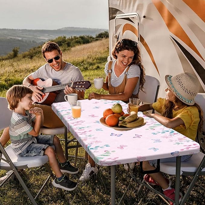 Butterfly Picnic Table Cover with Bench Covers, Camping Essentials, Flower Leaf Plant Waterproof Windproof Table Cover, Fitted Tablecloth Cover with Elastic Edge, for Indoor & Outdoor 3 PCS 30x96 Inch