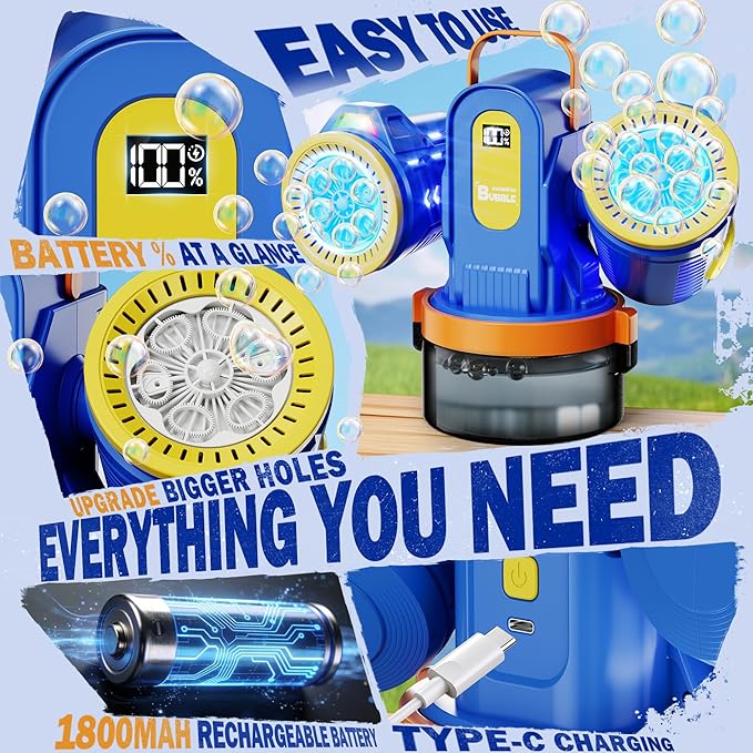Belemar Dual-Engine Bubble Machine for Kids with RGB Lights & Remote Control, 150° Auto Rotation, Battery Status Display, Type-C Rechargeable,700mL Tank for Parties, Weddings, Outdoor Events