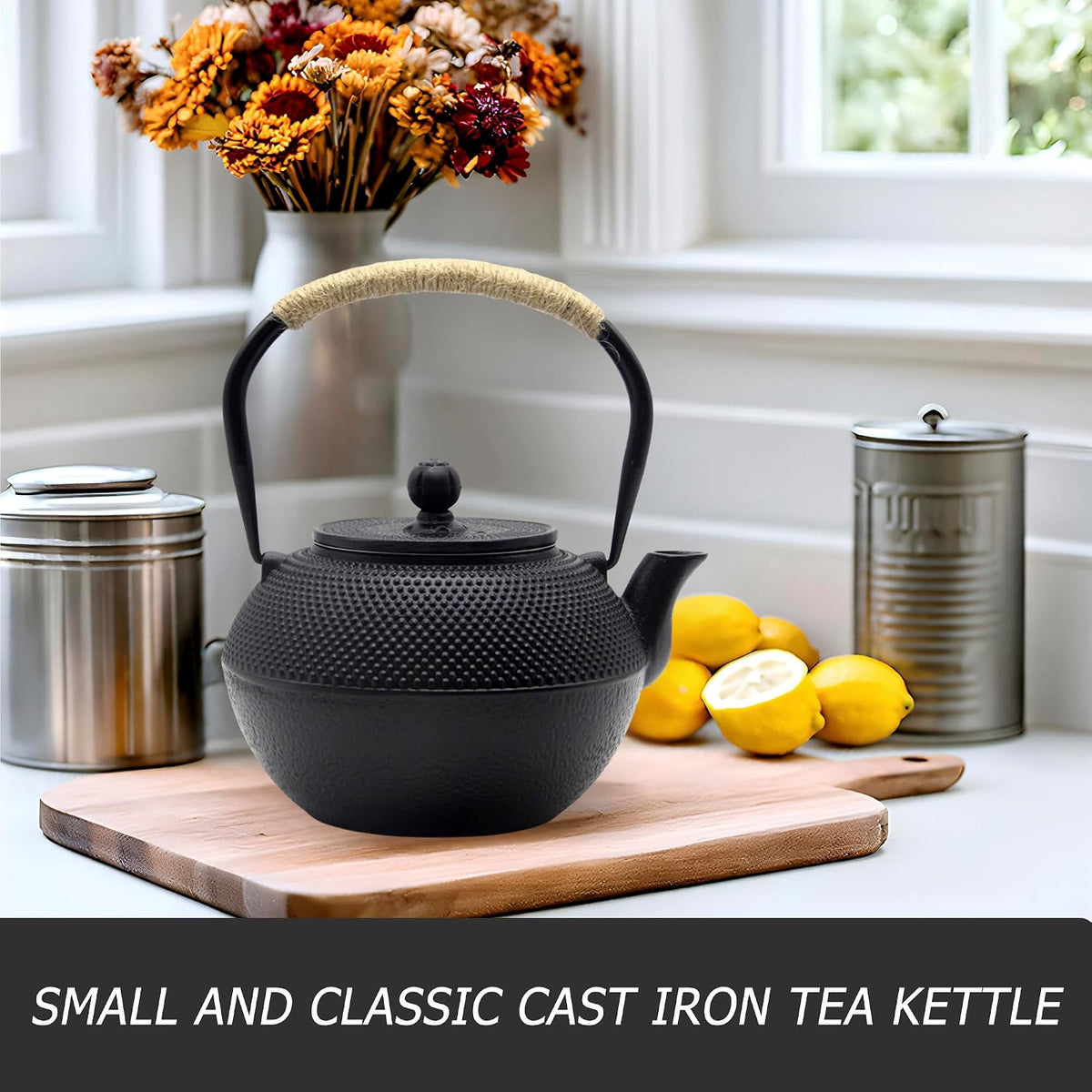 YJX 40.6oz Black Cast Iron Tea Pot Set with Teacups, Japanese Tetsubin
