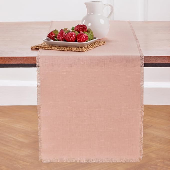 Solino Home Linen Misty Pink Table Runner 72 Inches Long - Fringe, 100% Pure Linen Dining Table Runner 14 x 72 Inch for Valentines, Spring, Easter