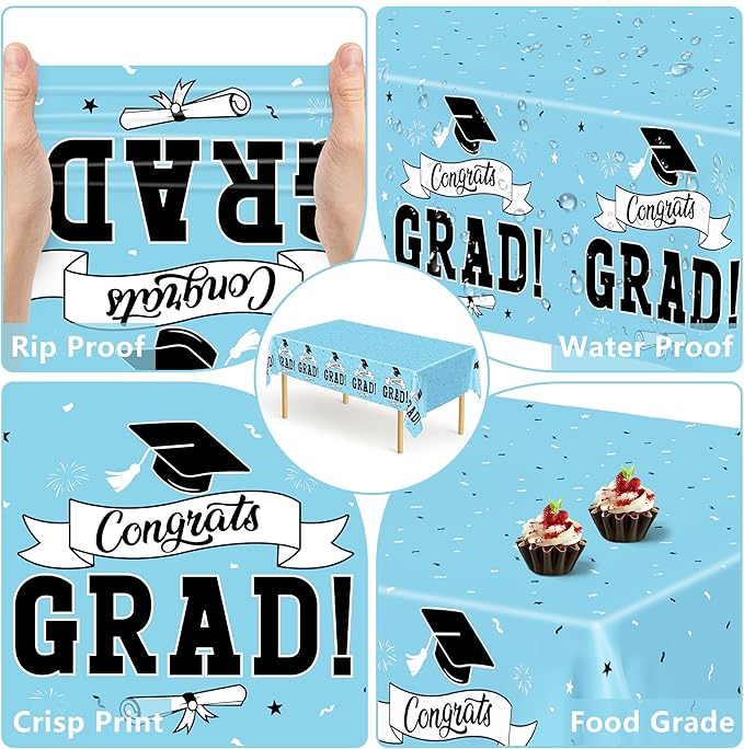 2Pcs Graduation Tablecloth, 108" X 54" Skyblue Graduation Table Decor 2026, Rectangle Tablecloth for Class 2026 Congrats Grad, Disposable Plastic Tablecover for Grad Decor Party Supplies for Kids