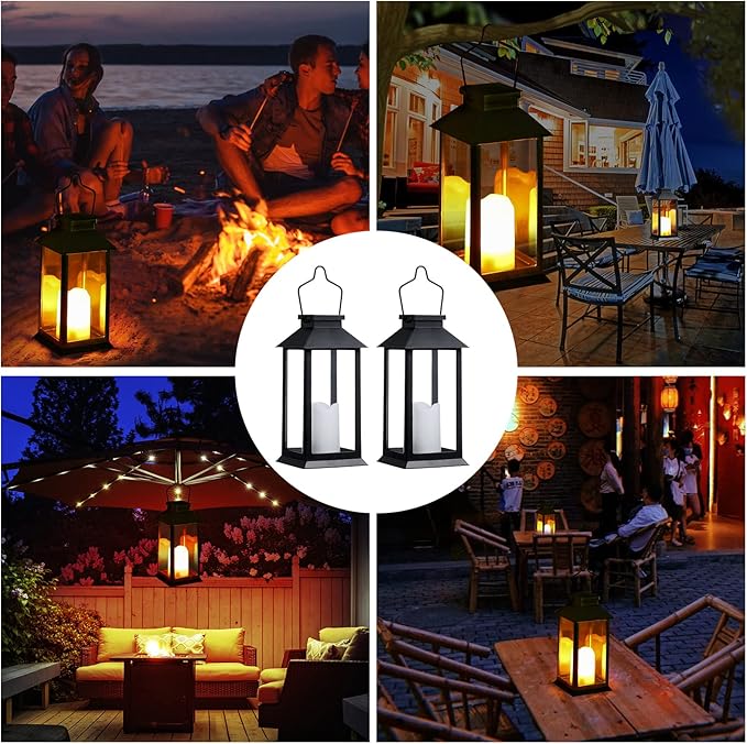 Tomshine 2 Pack Solar Lanterns, Outdoor Garden Hanging Lanterns, 11.8 Inch LED Flickering Flameless Candle Mission Lights for Yard, Table, Patio (Black)