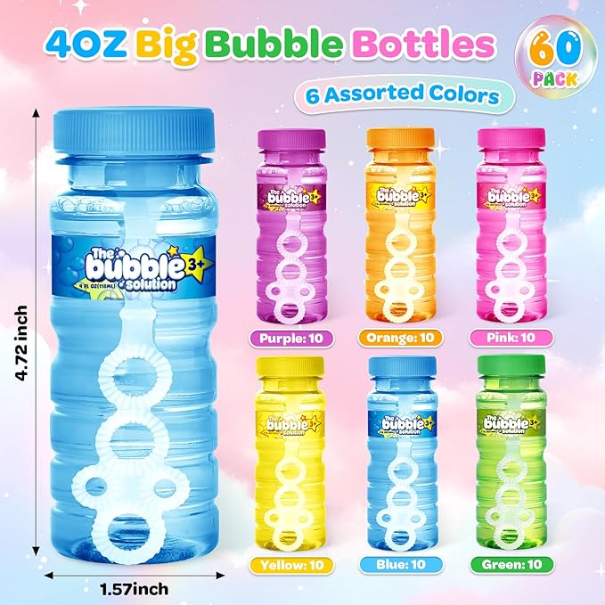 AuroTops 60 PCS Bubble Bottles with Wand Assortment for Kids,Bubbles in Bulk,4oz Bubble Solution Summer Toys for Kids Bubbles Party Favors,Birthday Party Supplies,Indoor & Outdoor Activities,6 Colors