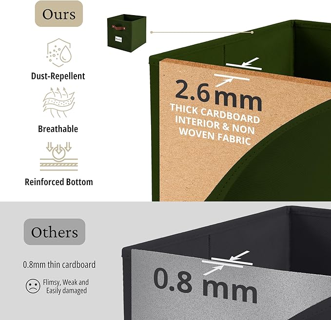 DECOMOMO Storage Bins, Cube Storage Bin with Labels, Fabric Storage Cubes for Shelves (10.5" x 11" / 6pcs, Olive Green)