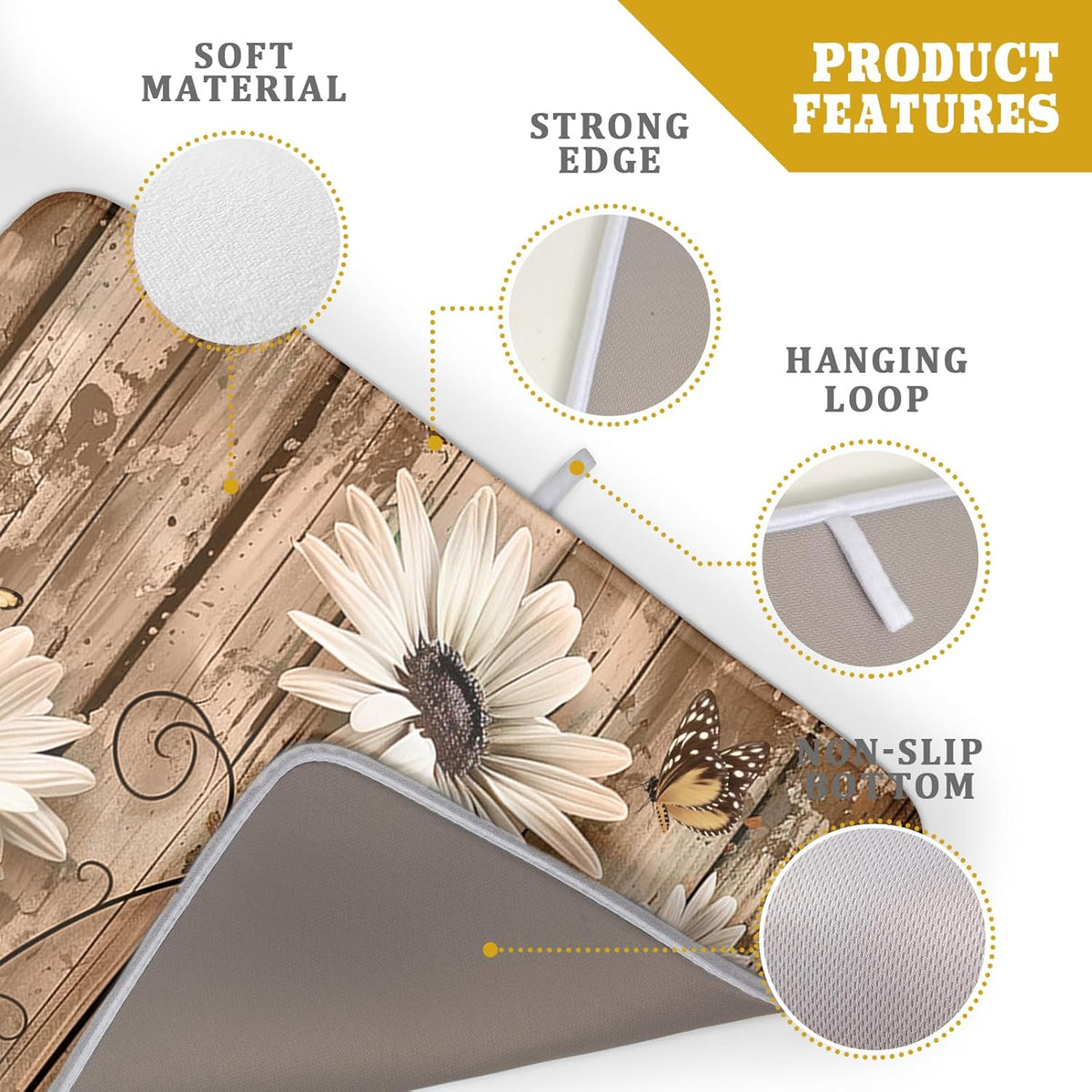 Summer Daisy Flowers Dish Drying Mat for Kitchen Counter 16x18in Rustic Wood Floral Kitchen Mat Daisy Microfiber Absorbent Dish Drainer Mat Fast Dry