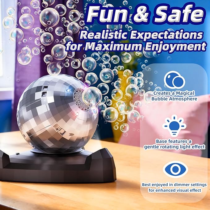 Bubble Machine for Kids & Toddlers 1-3, Automatic Disco Bubble Blower Maker with Bubble Solution, LED Lights & 360° Rotation, 10000+ Bubbles Per Min, Outdoor Game Toy for Easter Birthday Party