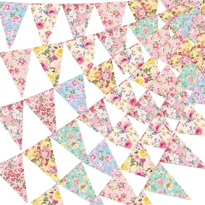 Faccito 49 Ft 5 Pcs Tea Floral Party Paper Bunting Decor Outdoor Bunting Banner Outdoor Vintage Bright Floral Paper Wildflower Garland Garden Theme Tea Party Bridal Shower Decorations for Women
