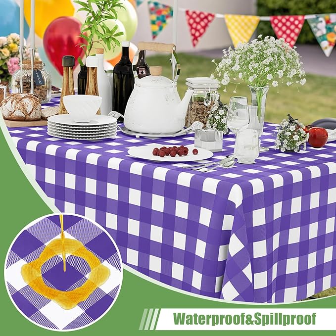 Smiry 5 Pack Purple Gingham Disposable Tablecloths - 54" x 108" Heavy Duty Plastic Table Cloth, Waterproof Buffalo Plaid Table Covers for Picnic, Banquets, Parties
