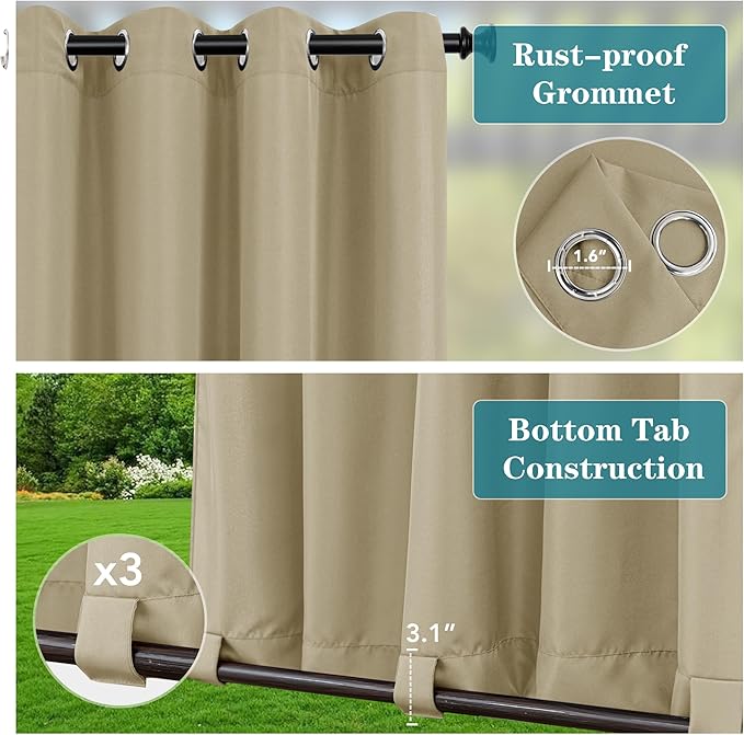 HolidayIdeas Outdoor Curtains for Patio Waterproof-4 Panels Windproof Weatherproof Privacy Curtains-Grommet Top and Tab Bottom Drape for Gazebo, Porch, Pergola, Cabana, Backyard 54x108 Inch Taupe