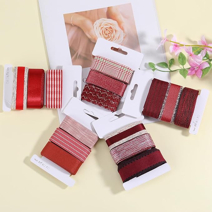 BEEFLYING 3 Styles 9 Yard Dark Red Wire Edged Ribbons Wrapping Decoration 25~28mm×2.7m Organza Ribbon Satin Ribbon for Wedding Party Deco Hair Bows Flower Designs Sewing and Craft
