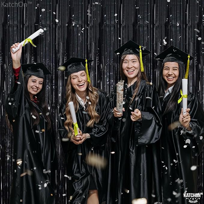 KatchOn XtraLarge Black Streamers - 3.2x8 Ft, Pack of 2 | Foil Fringe Curtain Anniversary Birthday Bachelorette Party Decorations | Graduation Backdrop, Black Backdrop for Graduation Decorations 2026